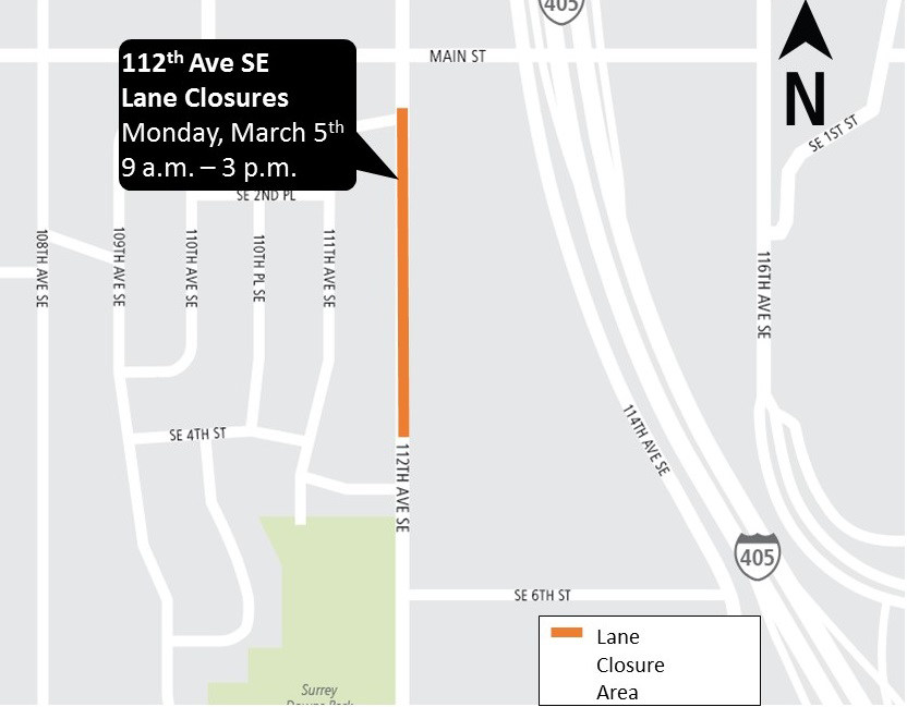 Map of closures on 112th Avenue Southeast in Bellevue.