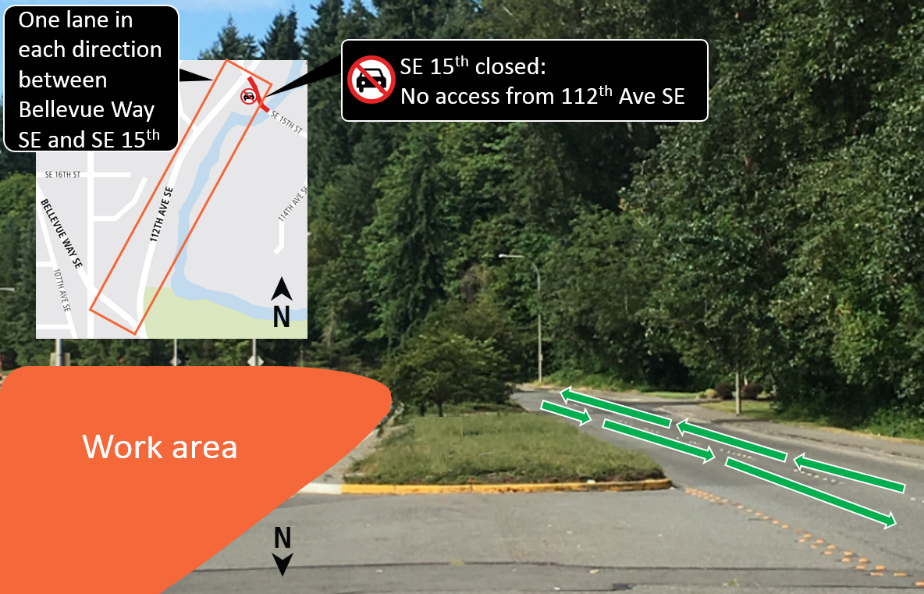 Picture and map of 112th Avenue Southeast lane closure.
