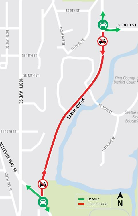 Map of 112th Avenue Southeast weekend closures.