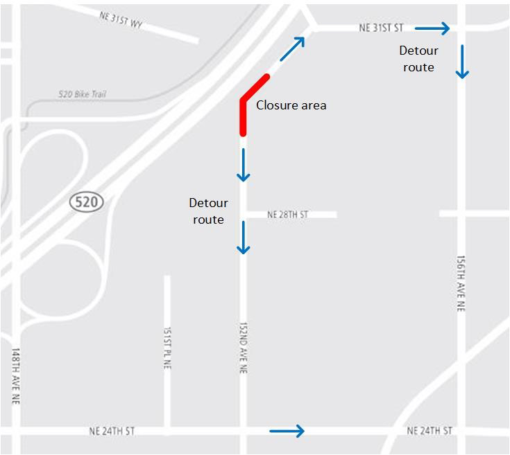 Map of 152nd Avenue Northeast street closure.