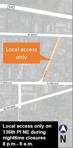 Map of lane closures on 136th Place Northeast.