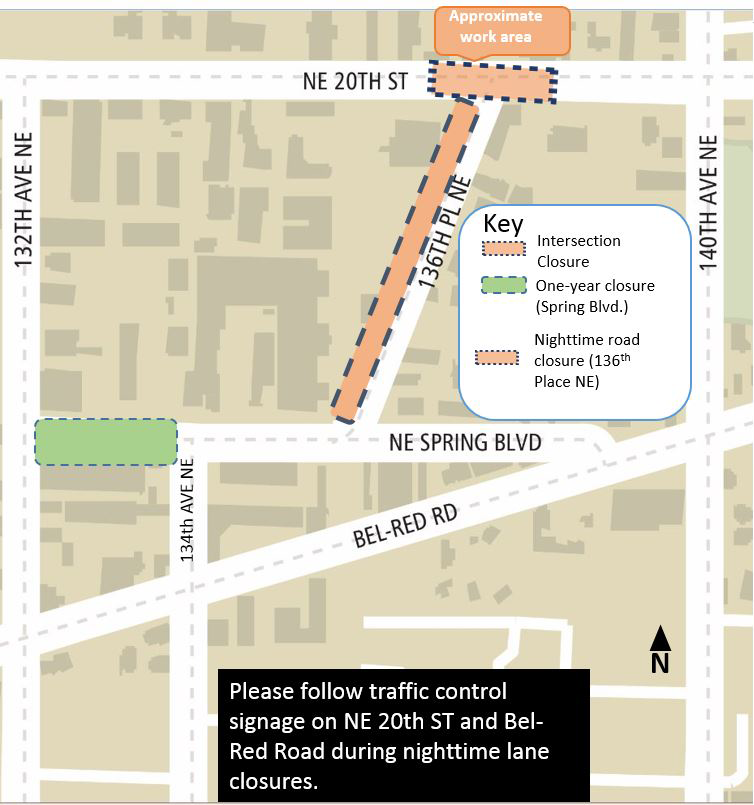 Nighttime intersection closures at Northeast 20th Street and 136th Place Northeast and nighttime road closure of 136th Place Northeast.