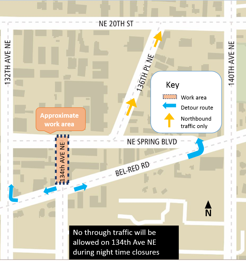 Map of 134th Avenue Northeast closure in BelRed.