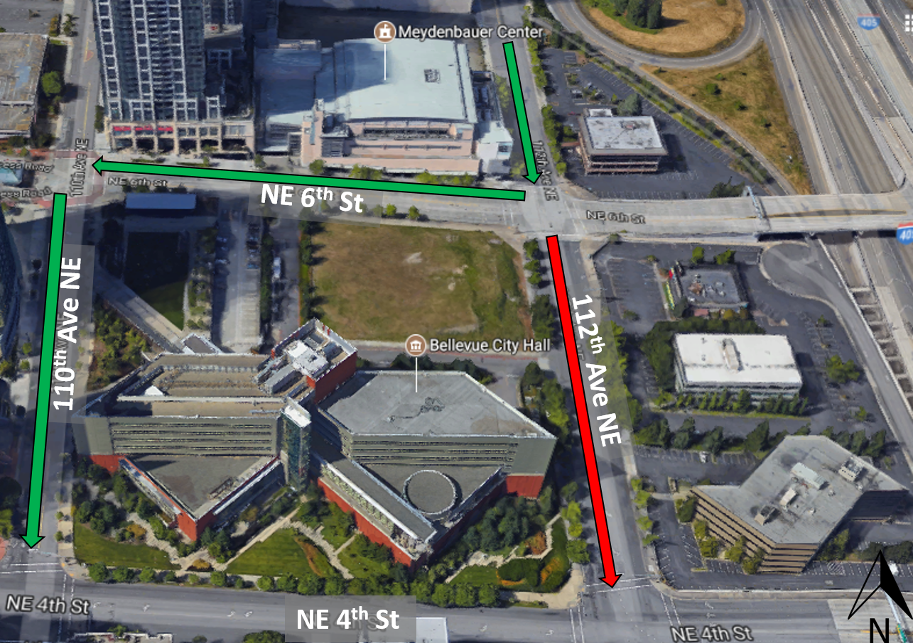 Map showing detour for construction work on 112th Avenue in Bellevue.