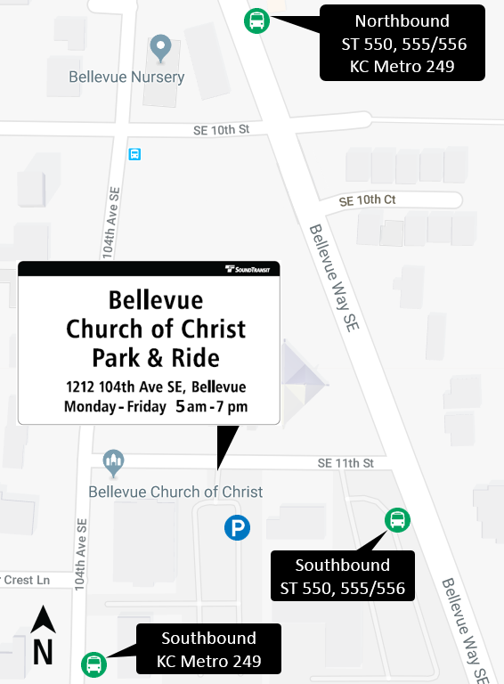 Map showing location of the Bellevue Church of Christ Park and Ride.