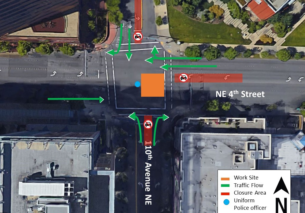 Day one map of traffic impacts at the intersection of 110th Avenue Northeast and Northeast 4th Street.