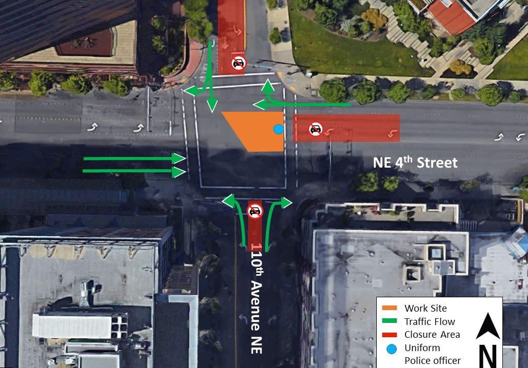 Day two map of traffic impacts at the intersection of 110th Avenue Northeast and Northeast 4th Street.