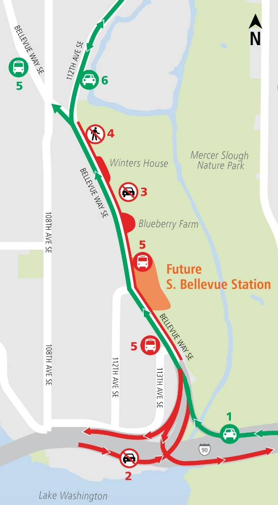 Map of Bellevue Way Southeast lane closures.