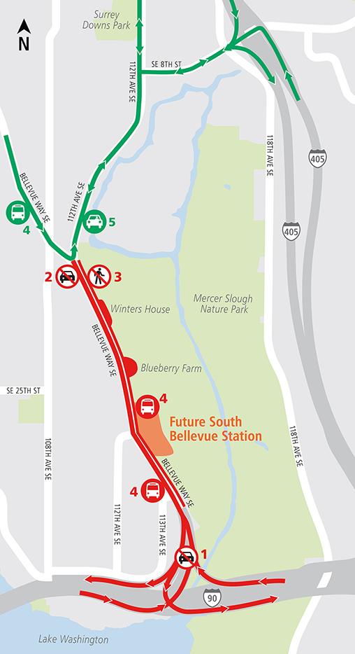 Map of complete road closures on Bellevue Way Southeast south of 112 Avenue Southeast.