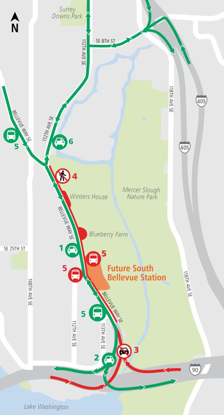 Map of northbound ramp closures for Bellevue Way Southeast.