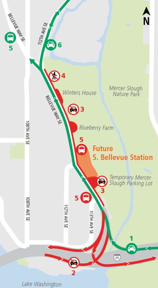 Map of partial road closures on Bellevue Way Southeast south of 112 Avenue Southeast.