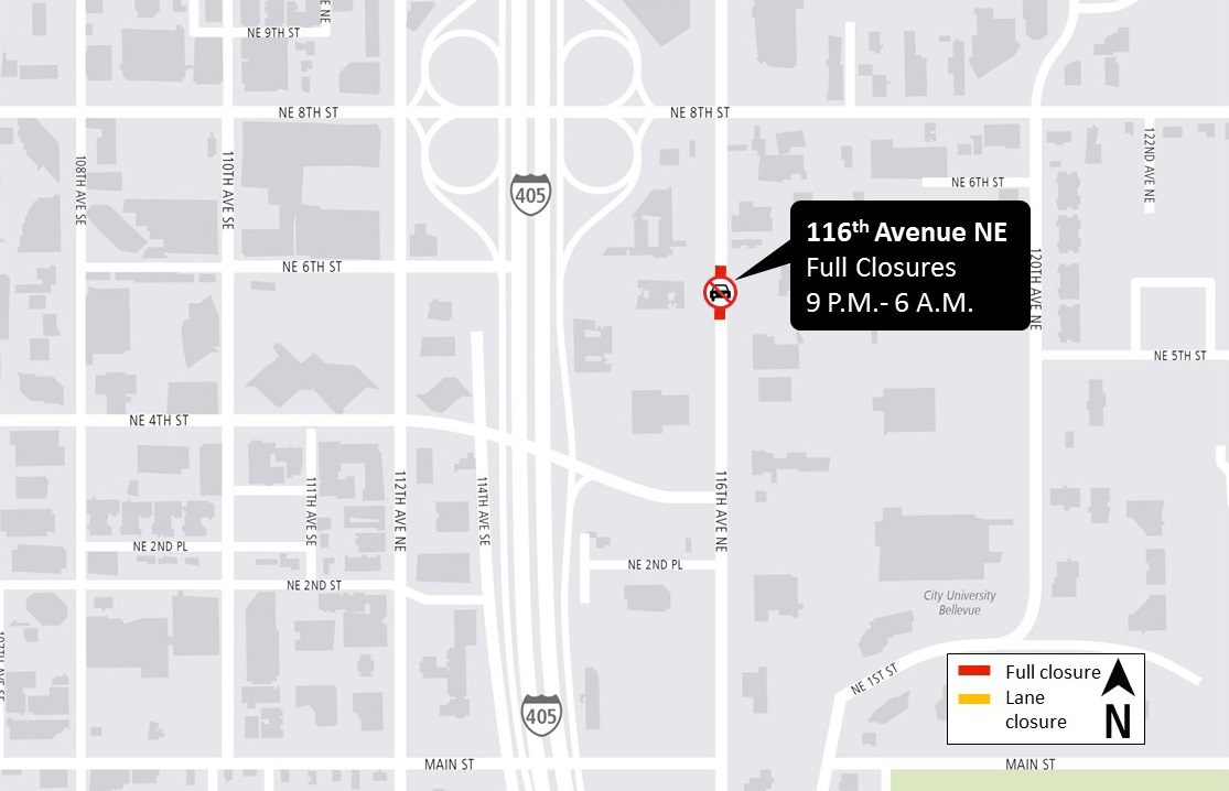 Map showing location of lane closure in central Bellevue.