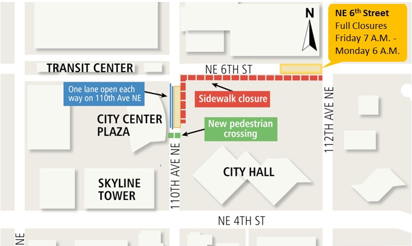 Northeast 6th Street Bellevue closure map.