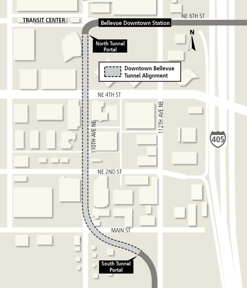 Map of downtown Bellevue Link light rail tunnel alignment.