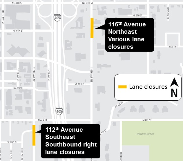 Map of downtown Bellevue lane closures.