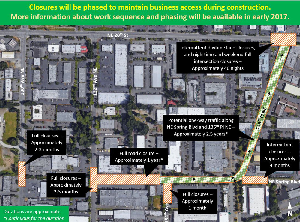 Map of various street closures and lane restrictions in the Bellevue/Redmond area.