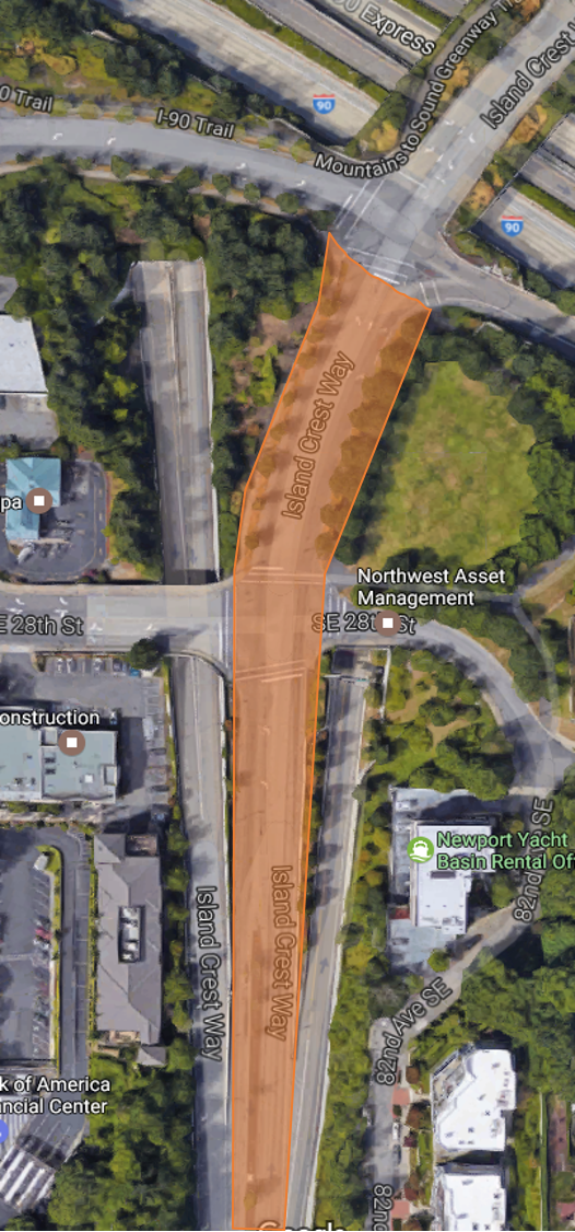 Map showing location of restriping work on Island Crest Way on Mercer Island.