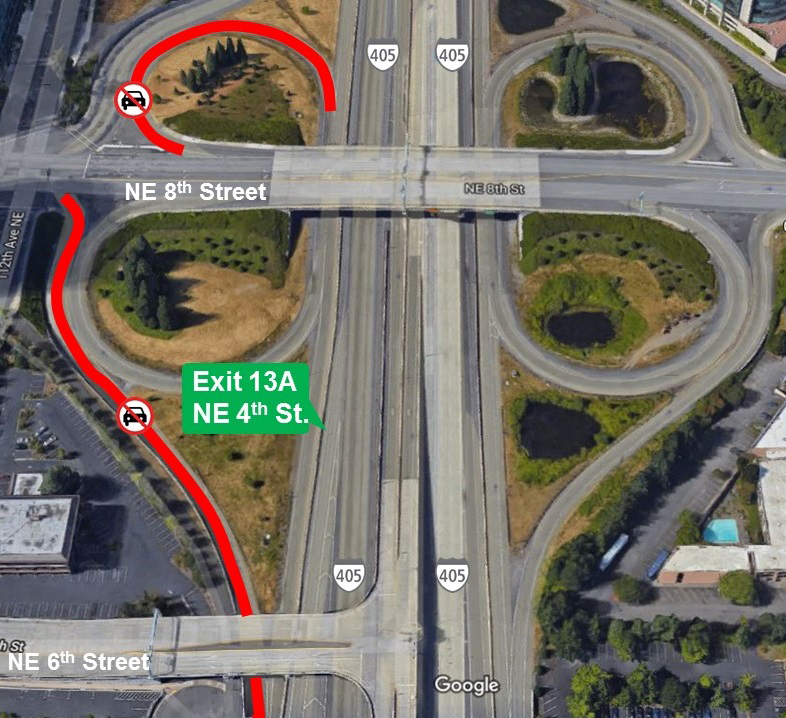 Map of I-405 ramp closures in downtown Bellevue.