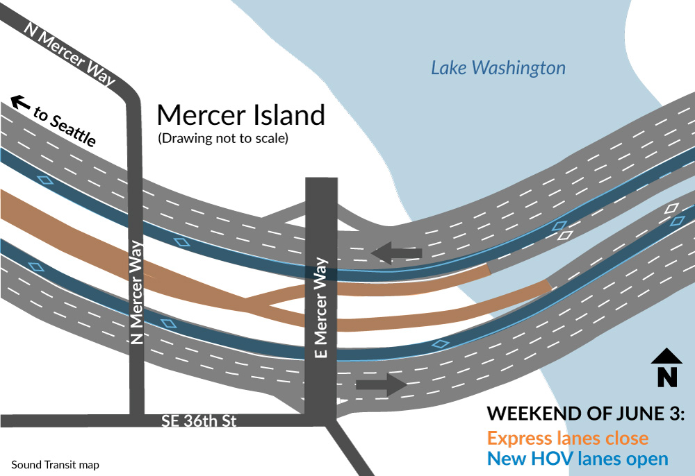 Map of I-90 closures and changes for the East Channel Bridge.