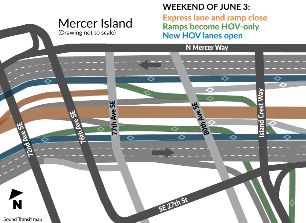 Map of I-90 closures and changes for Mercer Island.