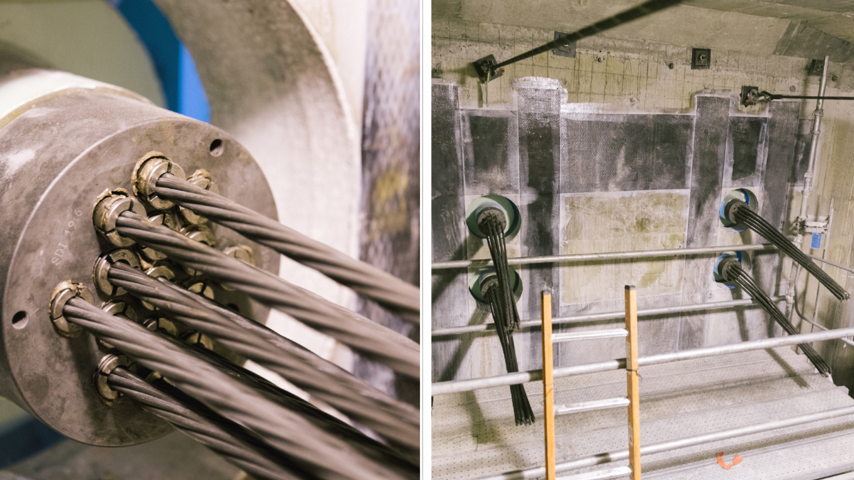 A close up view of steel strands waiting to be tensioned inside one of the pontoons.