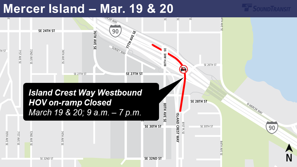 Map of Island Crest Way westbound HOV on-ramp closures.