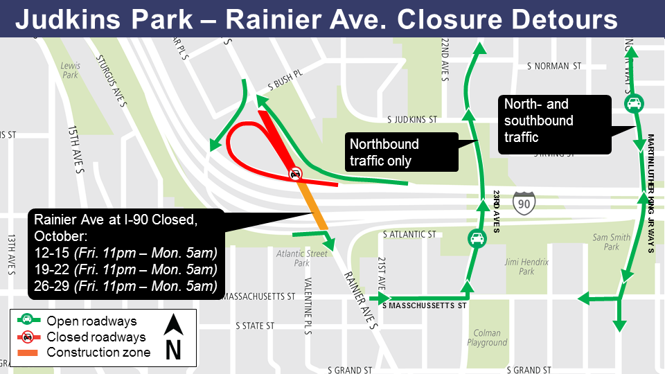 Judkins Park - Rainier Avenue closure detours map.