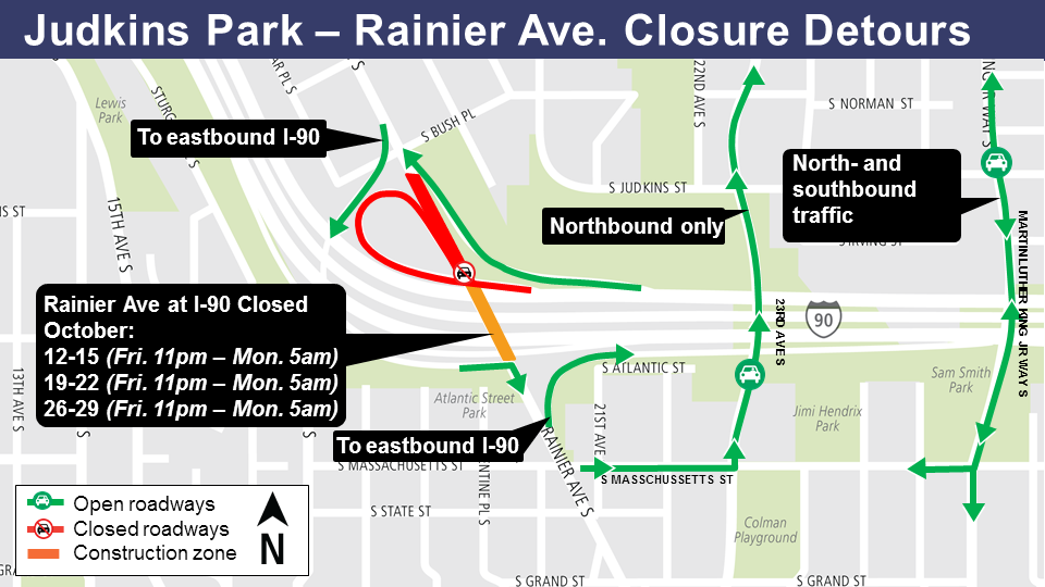 Map of October detours for Judkin's Park station construction.