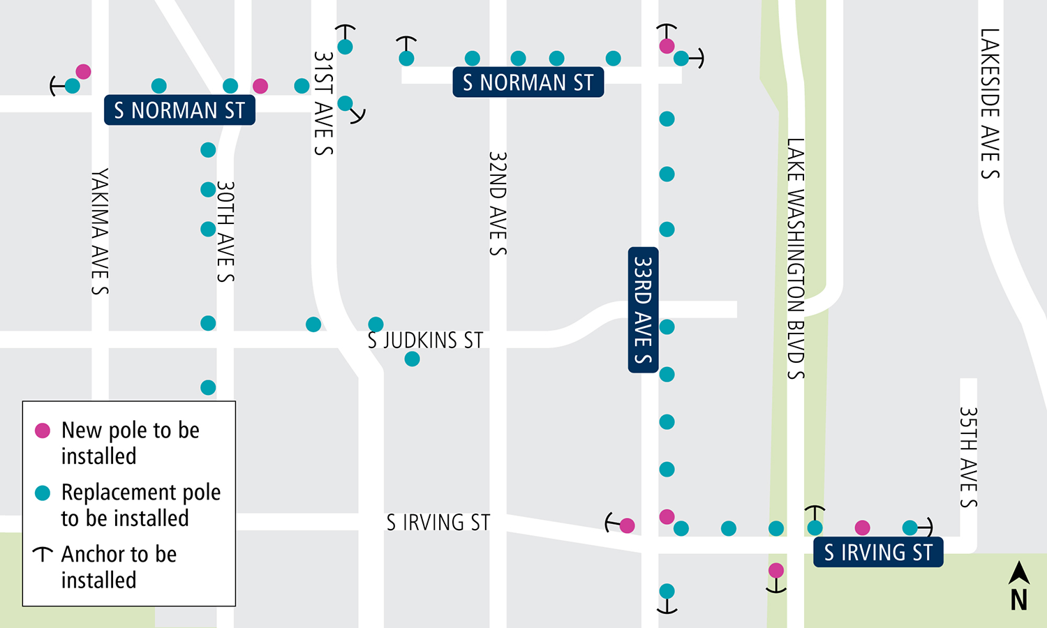 Map of utility pole replacements for the Judkins Park station construction.