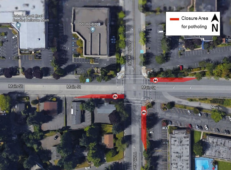 Map of potholing at Main Street and 112th Avenue Southeast in Bellevue.