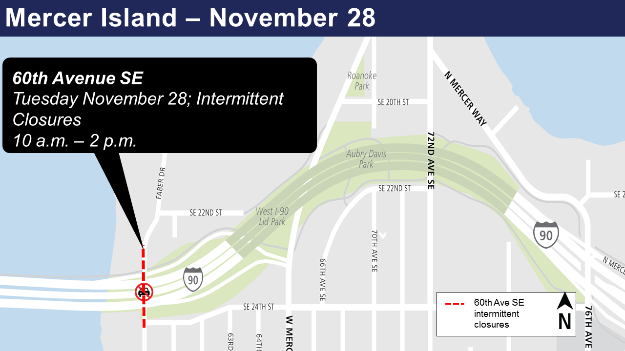 Map of intermittent lane closures on 60th Avenue Southeast.