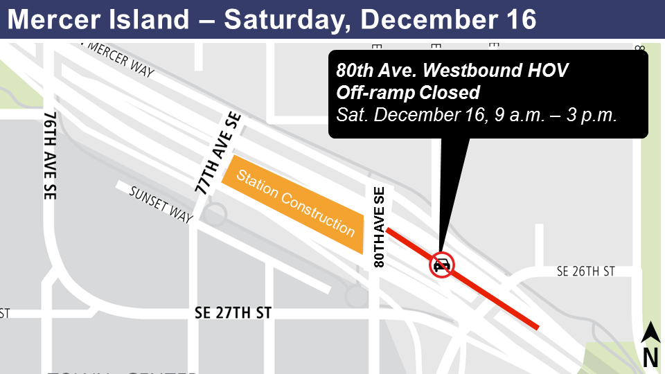 Map of 80th Avenue westbound HOV off-ramp closure on Mercer Island.