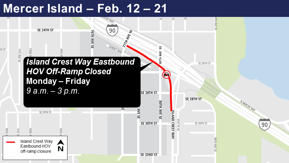 Map of off-ramp-closures for Island Crest Way Eastbound, Mercer Island.