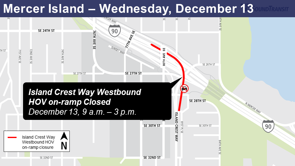 Map of Island Crest Way westbound on-ramp closure on Mercer Island.