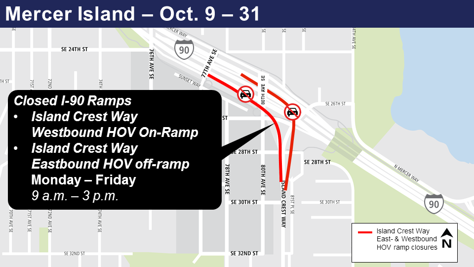 Map of Mercer Island I-90 HOV ramp closures in October 2018.