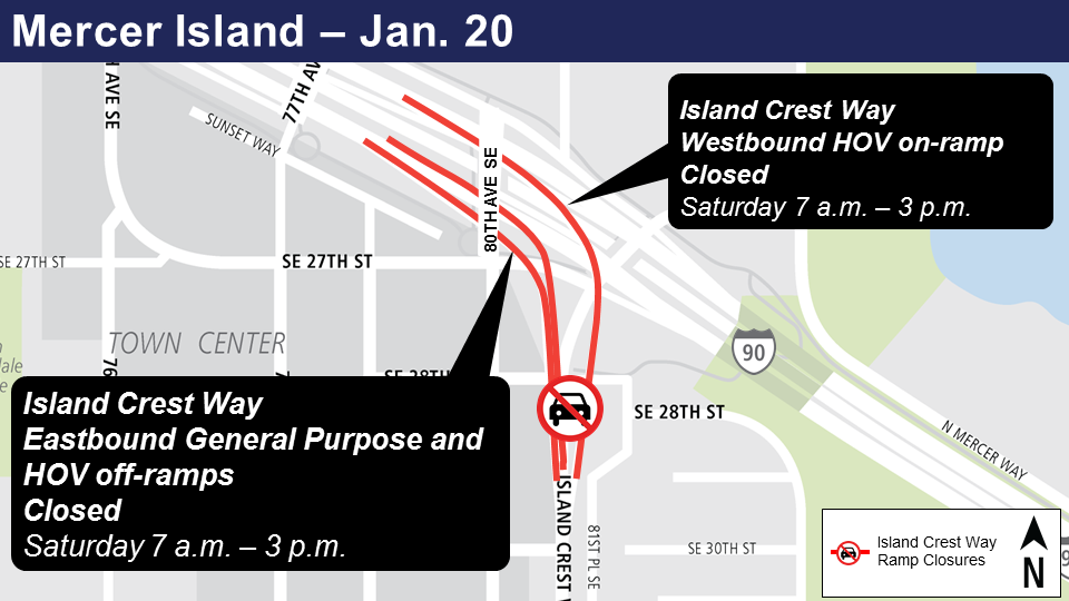 Map of ramp closures on Mercer Island.