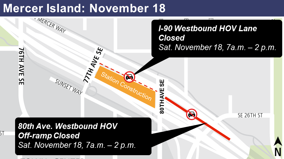 Map illustrating lane closures on Mercer Island.