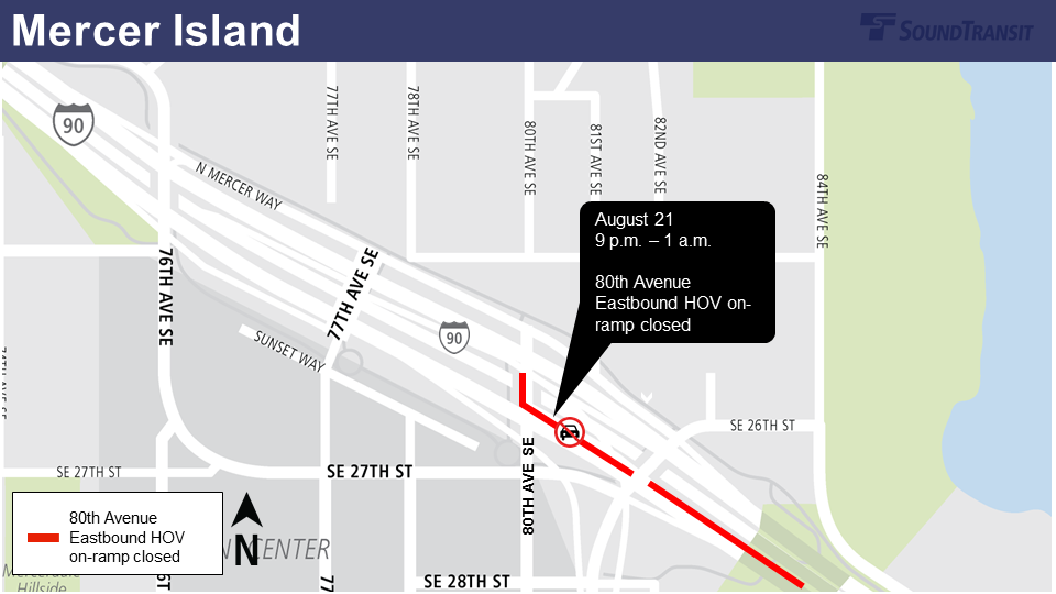 Map of 80th Avenue ramp closure on Mercer Island.