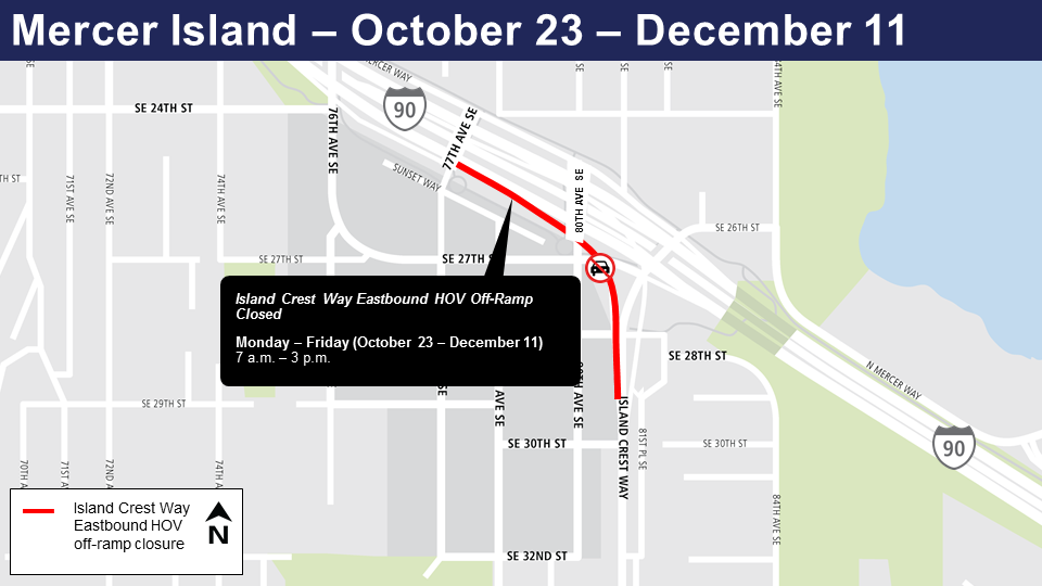 Map of off-ramp closures on eastbound Island Crest Way.