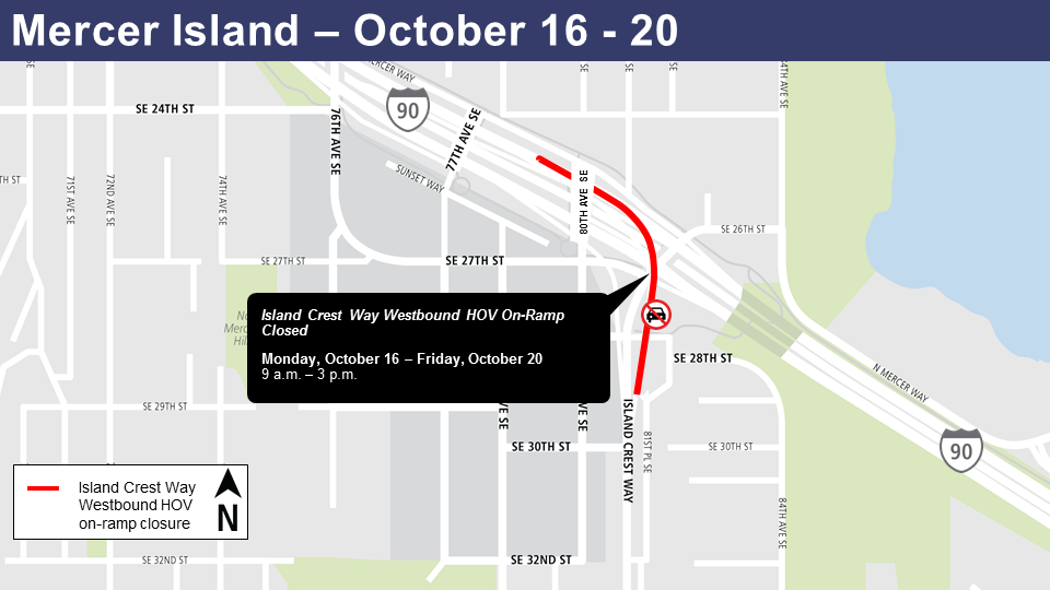 Map of Mercer Island westbound Island Crest Way closure.