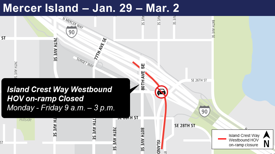 Map of on-ramp-closures for Island Crest Way Westbound, Mercer Island.