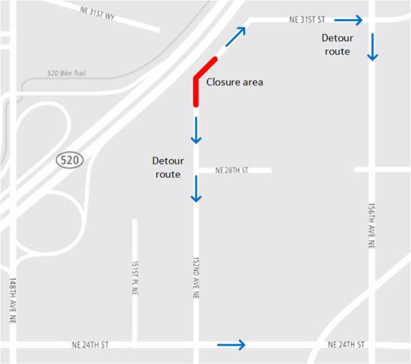 Map of 152nd Avenue Northeast closures.