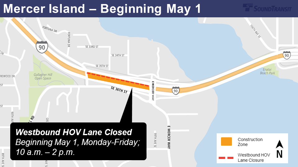 Map of westbound HOV lane closures for rail delivery.