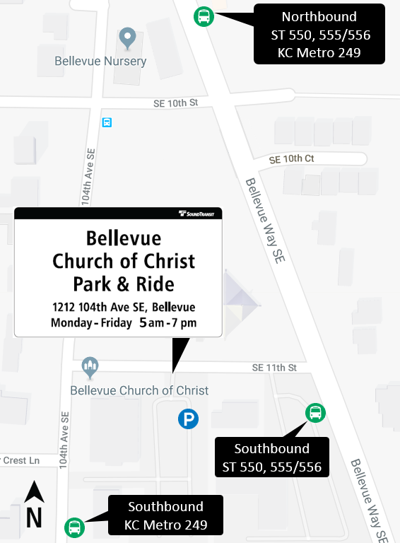 Map illustrating location of Bellevue Church of Christ Park-and-Ride.