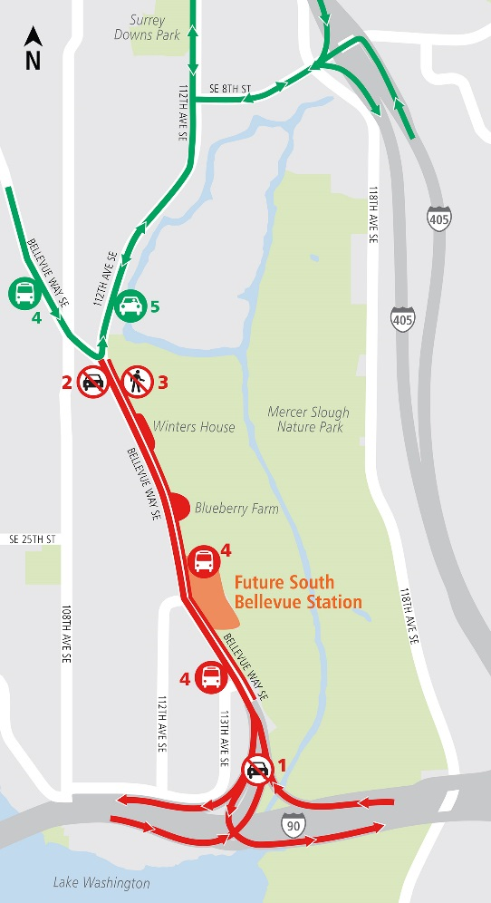 Map of roadwork related to the East Link Extension.