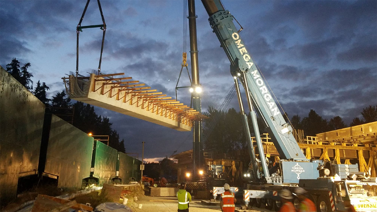 Construction crewsuse cranes to place girders between columns.