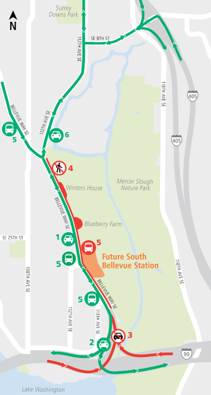 Map of ramp closures off I-90 to Bellevue Way Southeast.