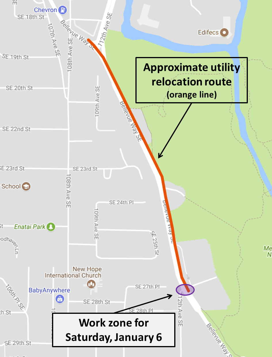 Map of PSE and Potelco work area along Bellevue Way Southeast.