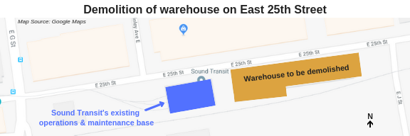 Map showing location of warehouse demolition in Tacoma.