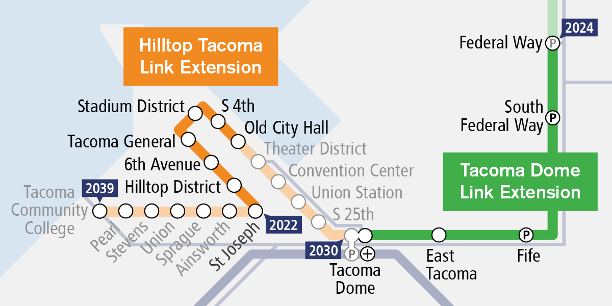 Map of the Hilltop Tacoma Link Extension route.